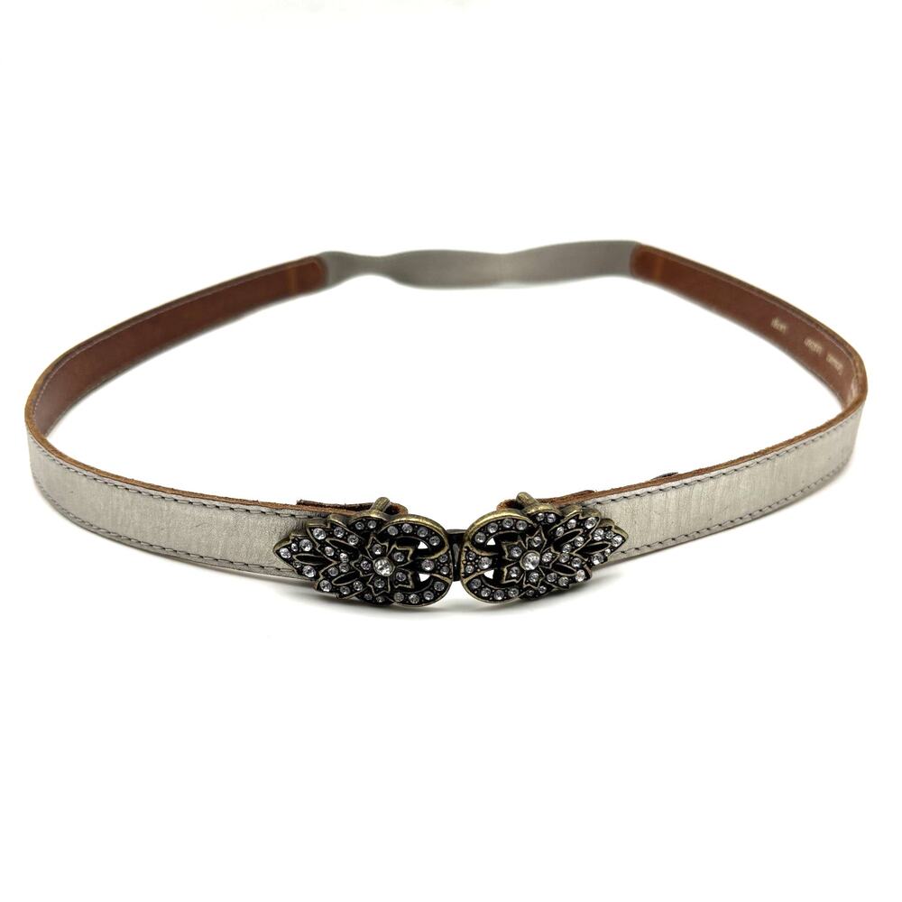 Y2K Fossil Silver Leather Brass Rhinestone Buckle Stretch Waist Belt L 36-38" - Picture 1 of 12
